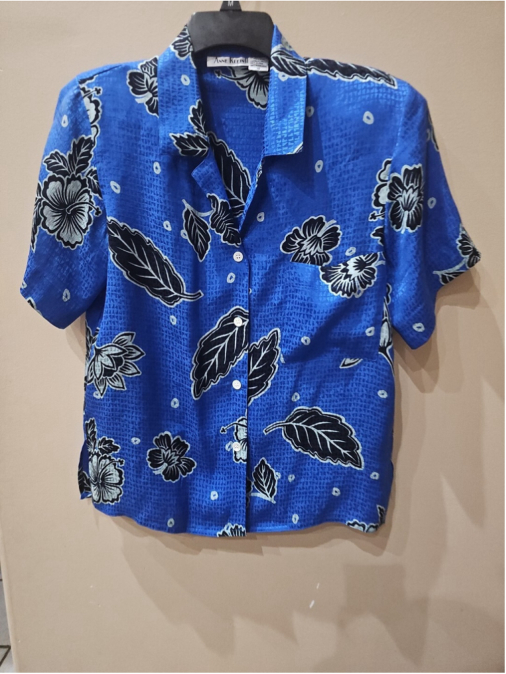 Anne Klein Blouse Blue Black Print Pattern Button Up Shirt Sz 10 -24"length VTG